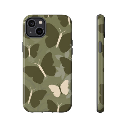 iPhone 14 Plus / Glossy Phone Case - Minimalist Olive Green Butterfly Pattern Phone Case