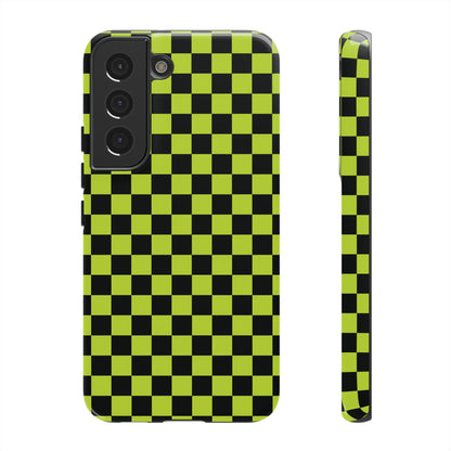 Trendy Neon Lime Green & Black Small Checked Pattern Phone Case - Green Phone Case - Samsung Galaxy S22 / Glossy