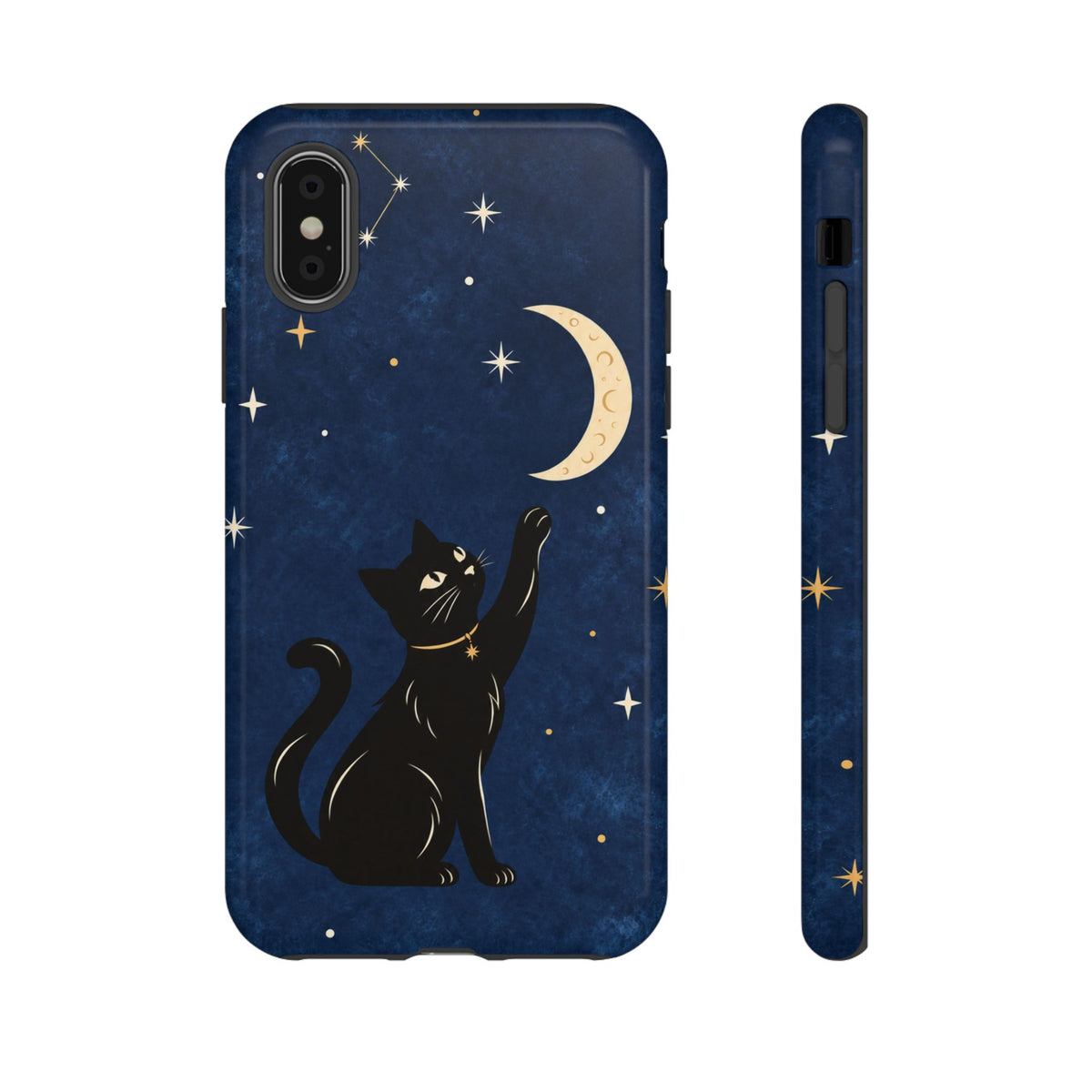 Whimsical Navy Blue Celestial Black Cat Phone Case