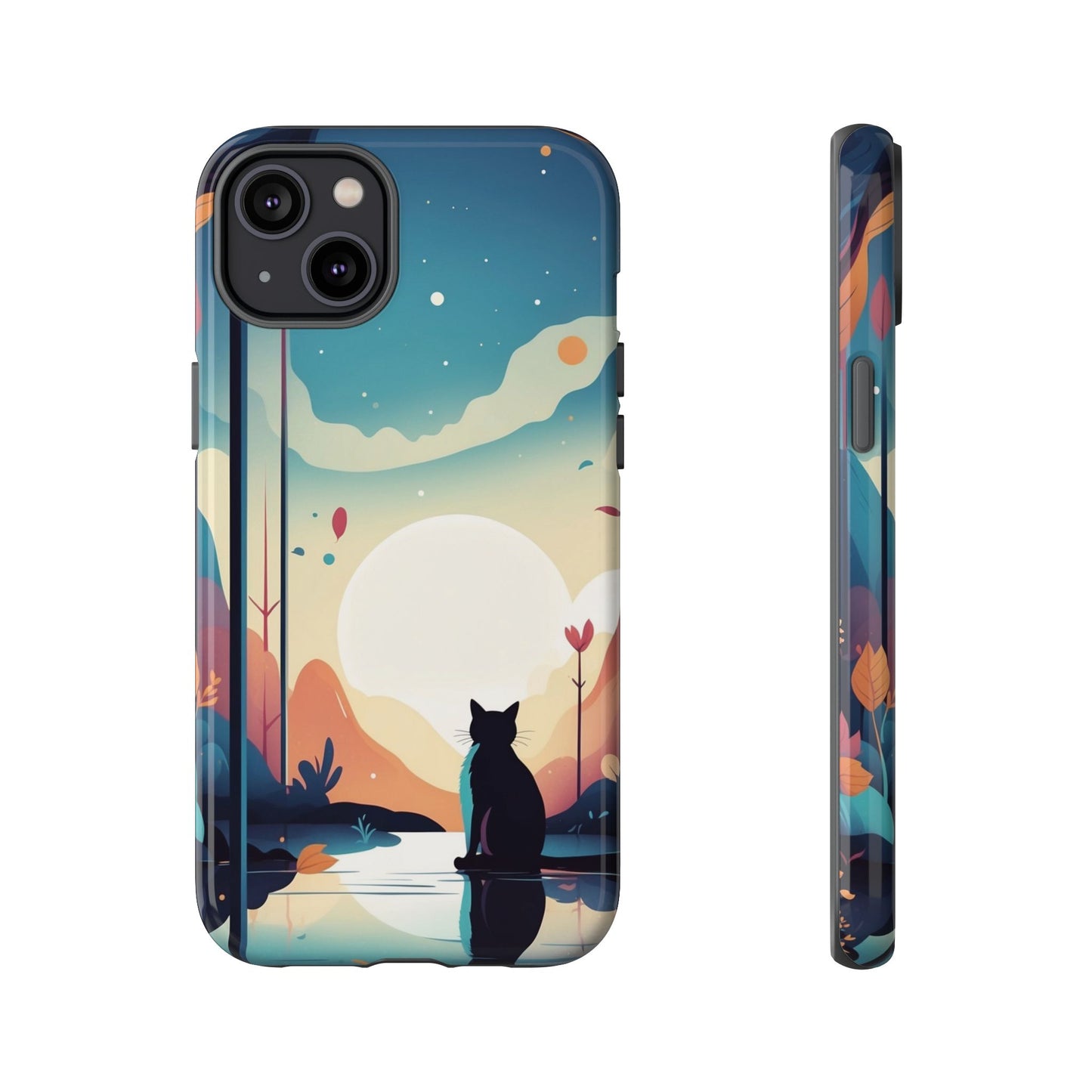 iPhone 14 Plus / Glossy Phone Case - Stylised Cat & Moon Design Phone Case