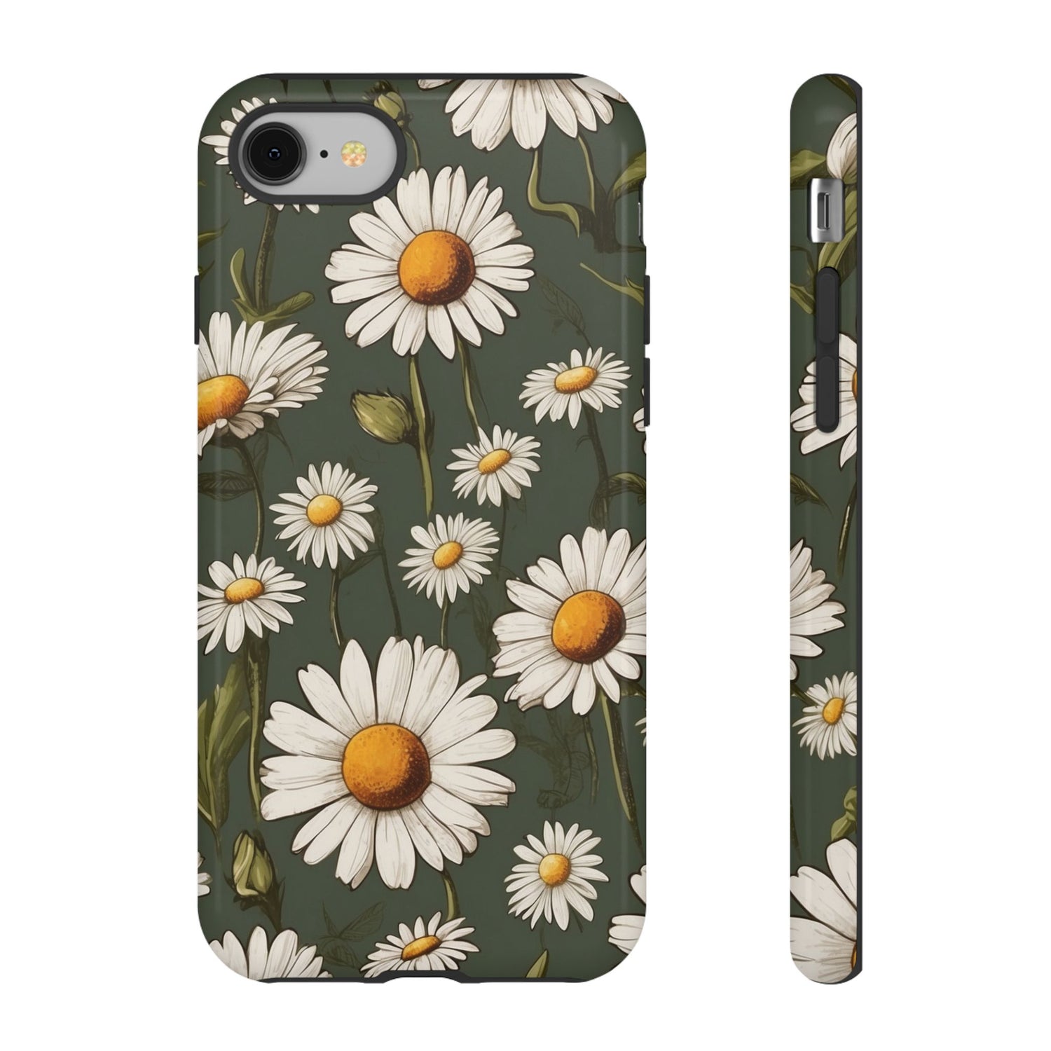 iPhone 8 / Glossy Phone Case - Boho Chic Daisies Floral Pattern ’White & Green’ Phone Case