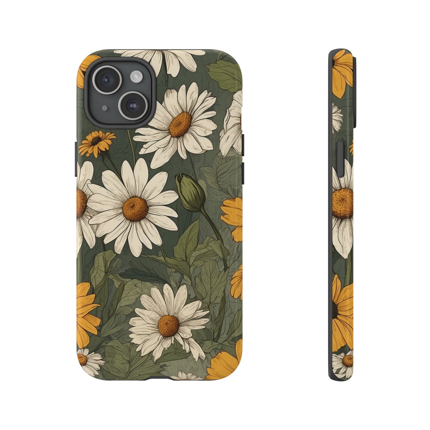iPhone 15 Plus / Glossy Phone Case - Boho Chic Daisies Floral Pattern ’White & Yellow’ Phone Case