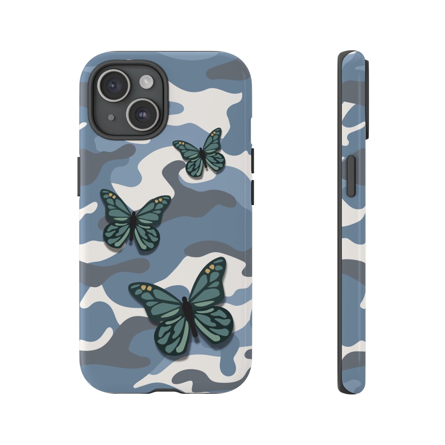 iPhone 15 / Glossy Phone Case - Light Blue Butterfly Camo Phone Case