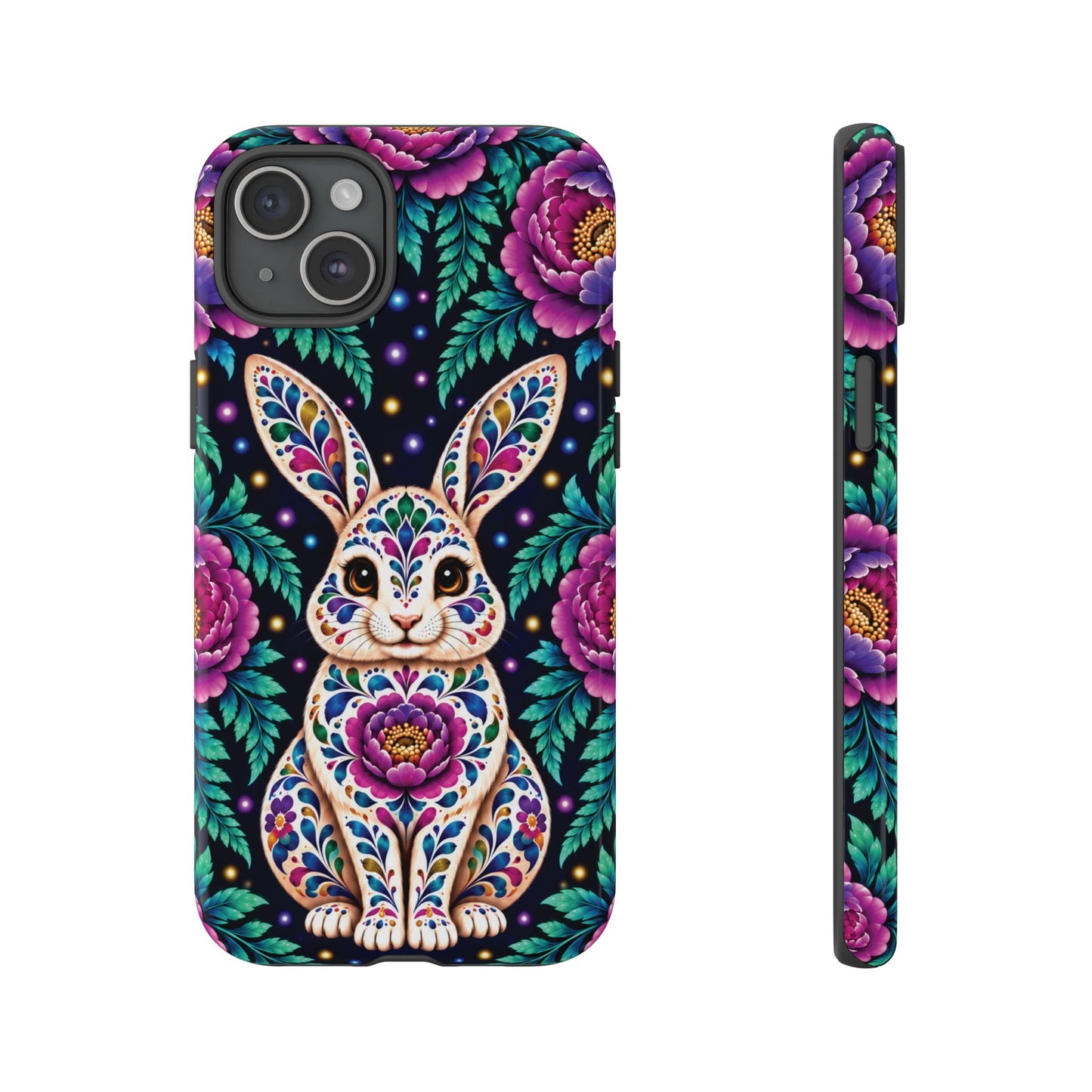 Cute Purple and Teal Calavera Bunny Phone Case - Multicolor Phone Case - iPhone 15 Plus / Glossy