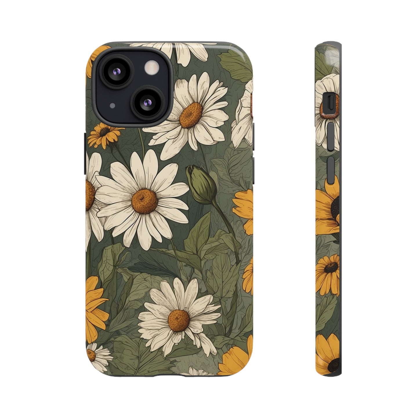 iPhone 13 Mini / Glossy Phone Case - Boho Chic Daisies Floral Pattern ’White & Yellow’ Phone Case