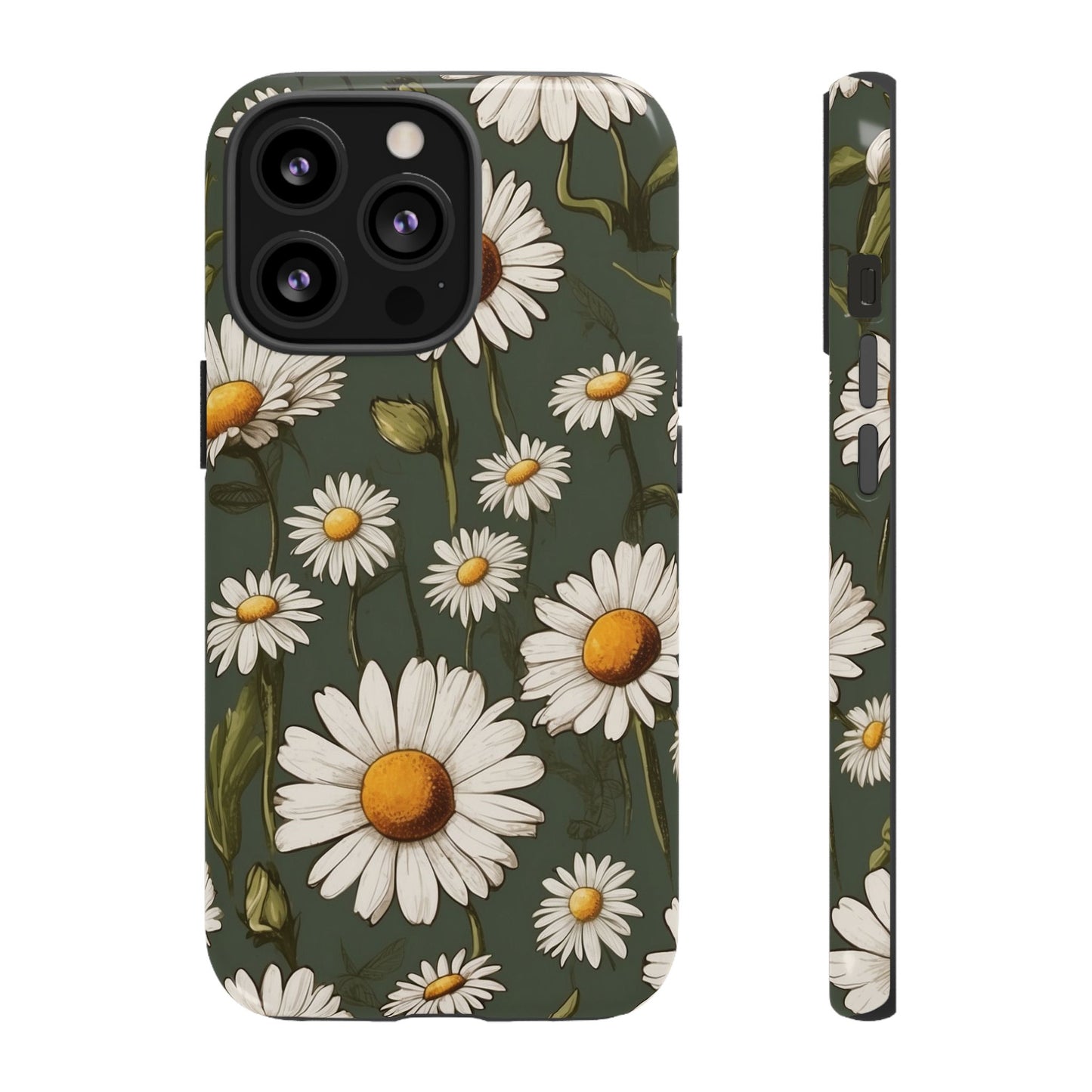 iPhone 13 Pro / Glossy Phone Case - Boho Chic Daisies Floral Pattern ’White & Green’ Phone Case