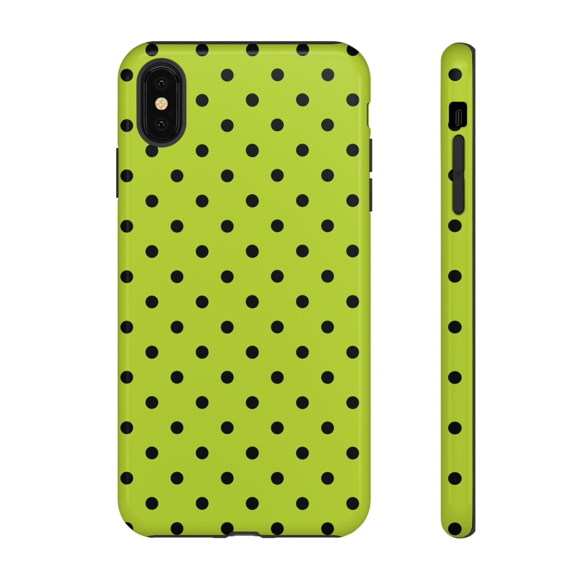 iPhone XS MAX / Glossy Phone Case - Trendy Neon Lime Green & Black Dot Pattern Phone Case