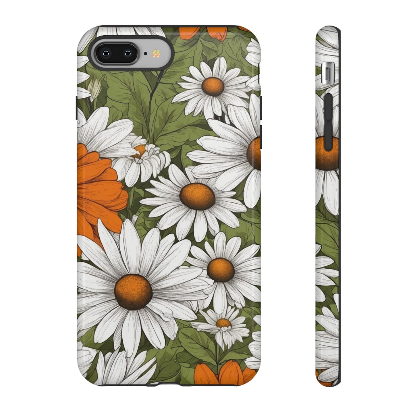 iPhone 8 Plus / Glossy Phone Case - Boho Chic Daisies Floral Pattern ’White Orange & Green’ Phone Case