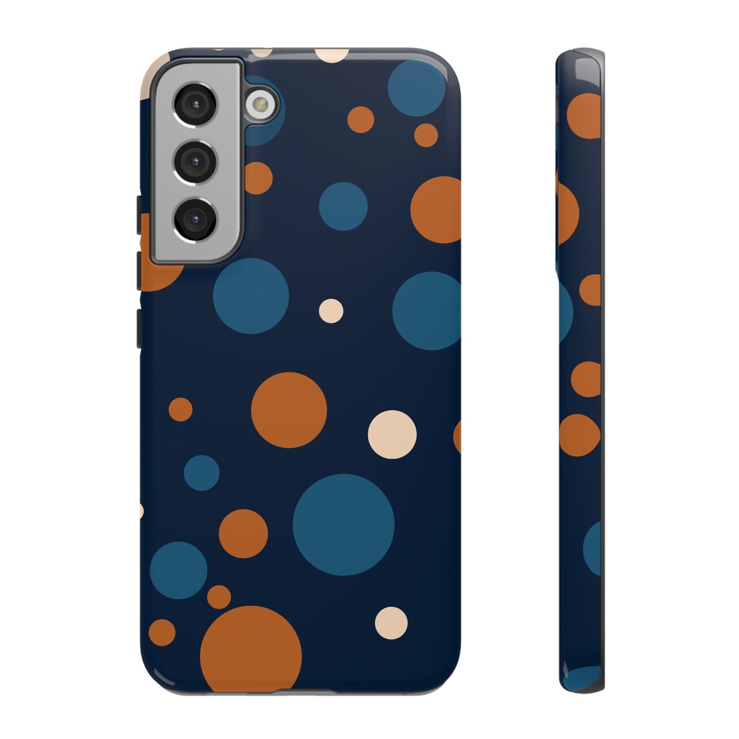 Samsung Galaxy S22 Plus / Glossy Phone Case - ’Bold Navy Blue & Orange / White Dot Pattern’ Phone Case