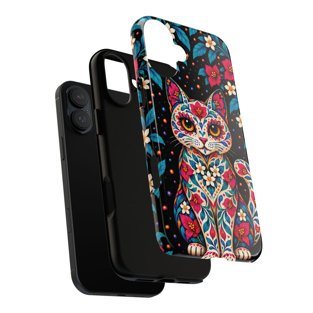 Vibrant Pink and Turquoise Calavera Cat Phone Case - Multicolor Phone Case
