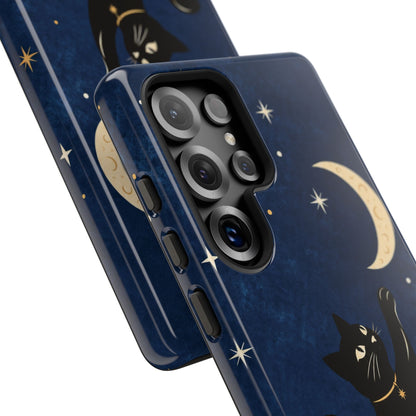 Whimsical Navy Blue Celestial Black Cat Phone Case