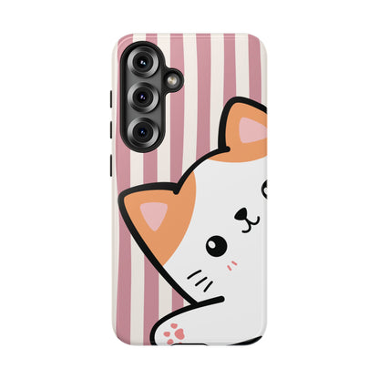 Playful Peakaboo Cat with Pink Stripe Pattern Phone Case - Pink Phone Case - Samsung Galaxy S25 / Glossy