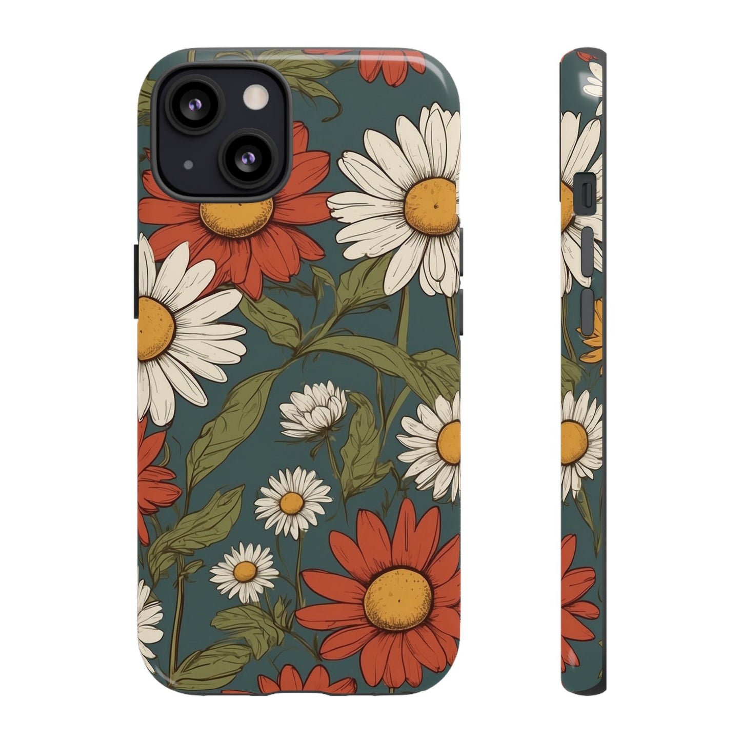 iPhone 13 / Glossy Phone Case - Boho Chic Daisies Floral Pattern ’White & Red’ Phone Case