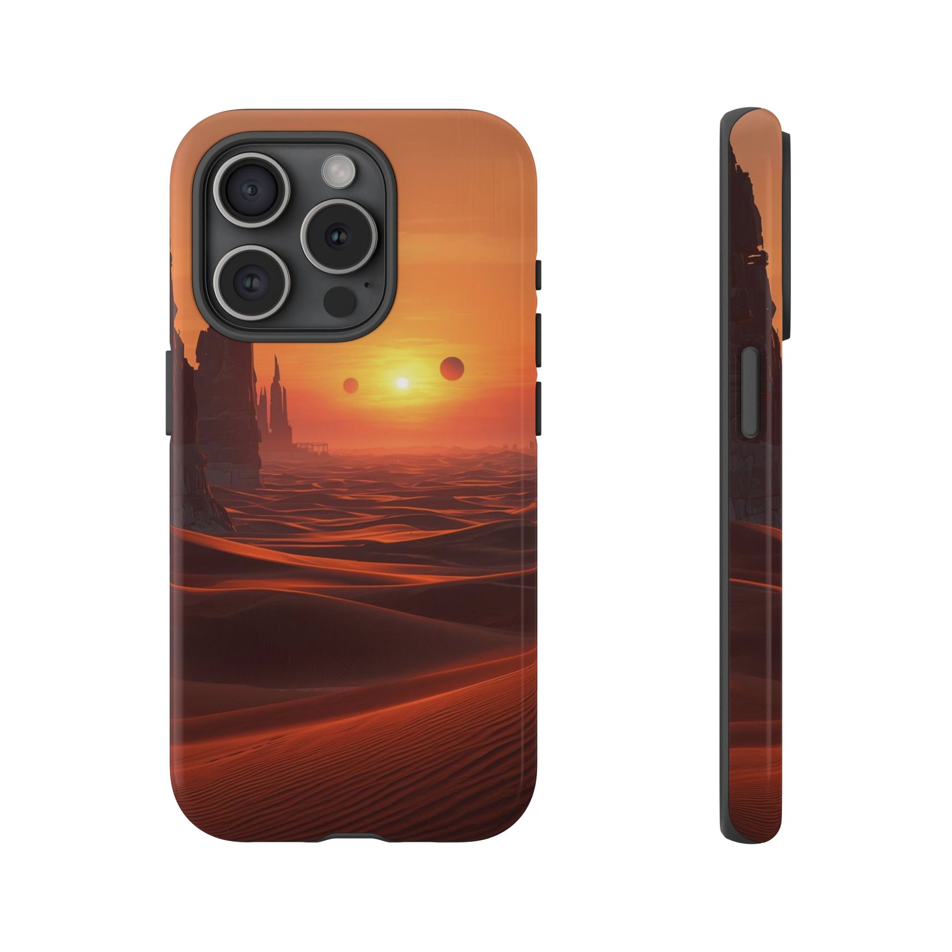 Twin Suns Desert World Sci-fi Phone Case - Orange Phone Case - iPhone 15 Pro / Glossy