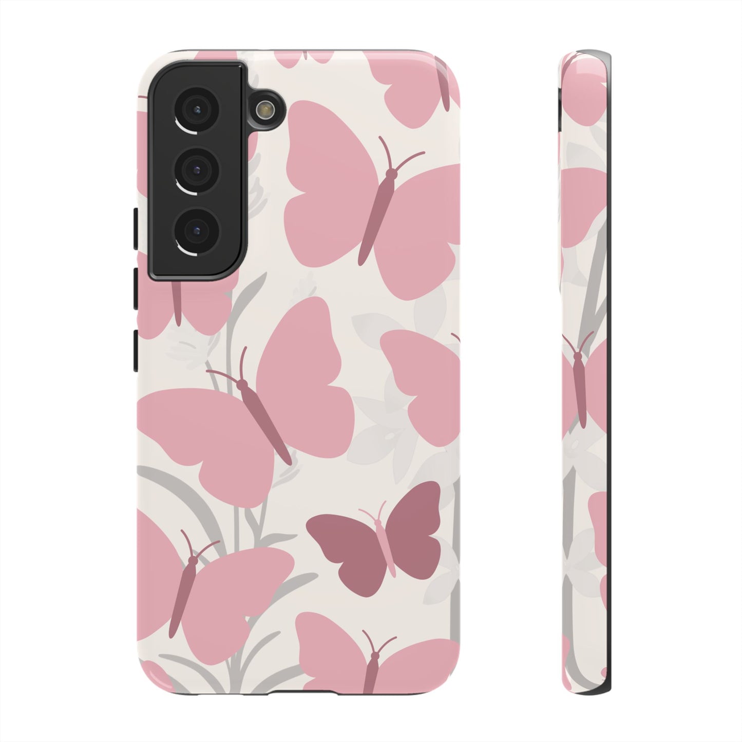 Samsung Galaxy S22 / Glossy Phone Case - Minimalist Cream & Pink Butterfly Pattern Phone Case