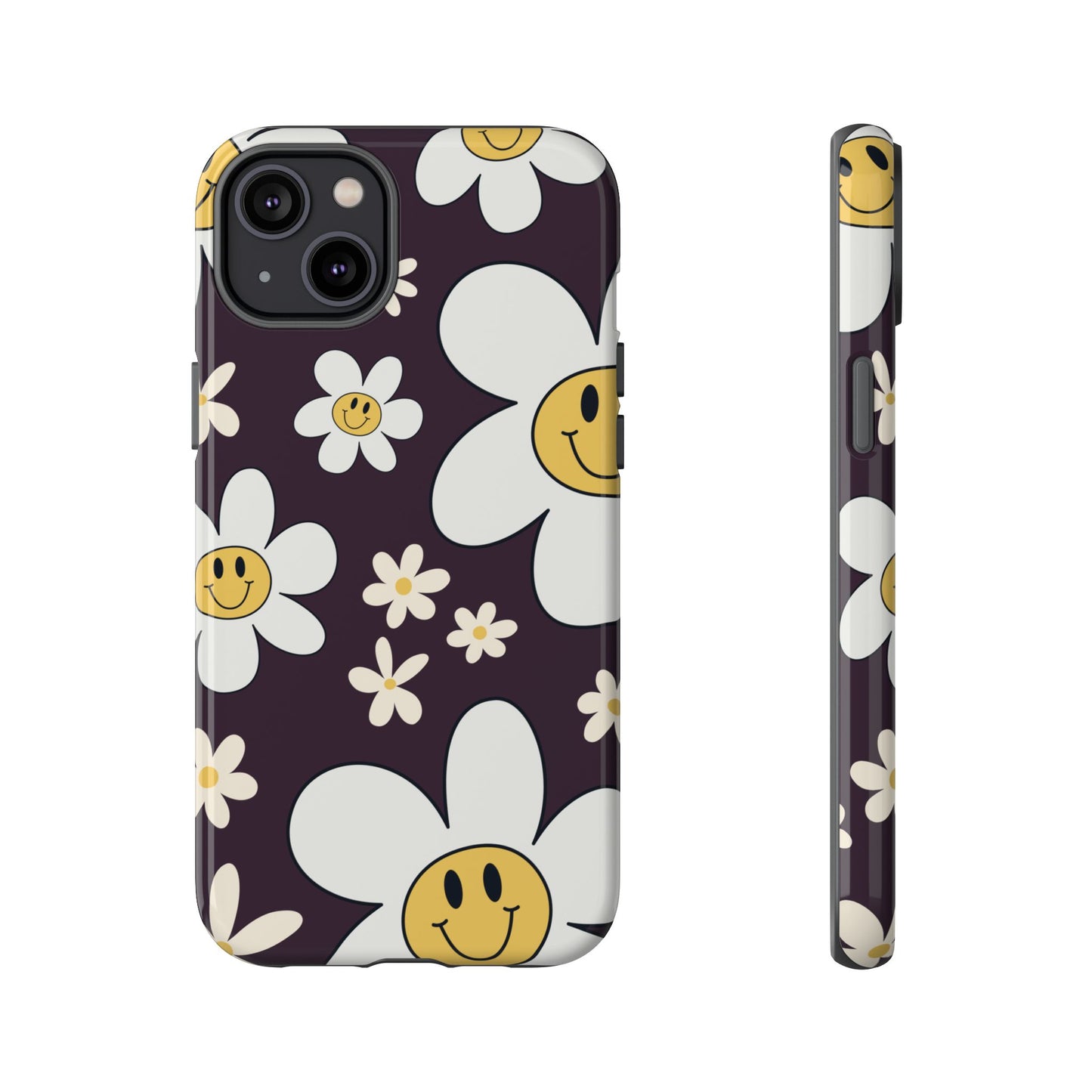 iPhone 14 Plus / Glossy Phone Case - Fun Retro Daisy Pattern with Purple Background Phone Case