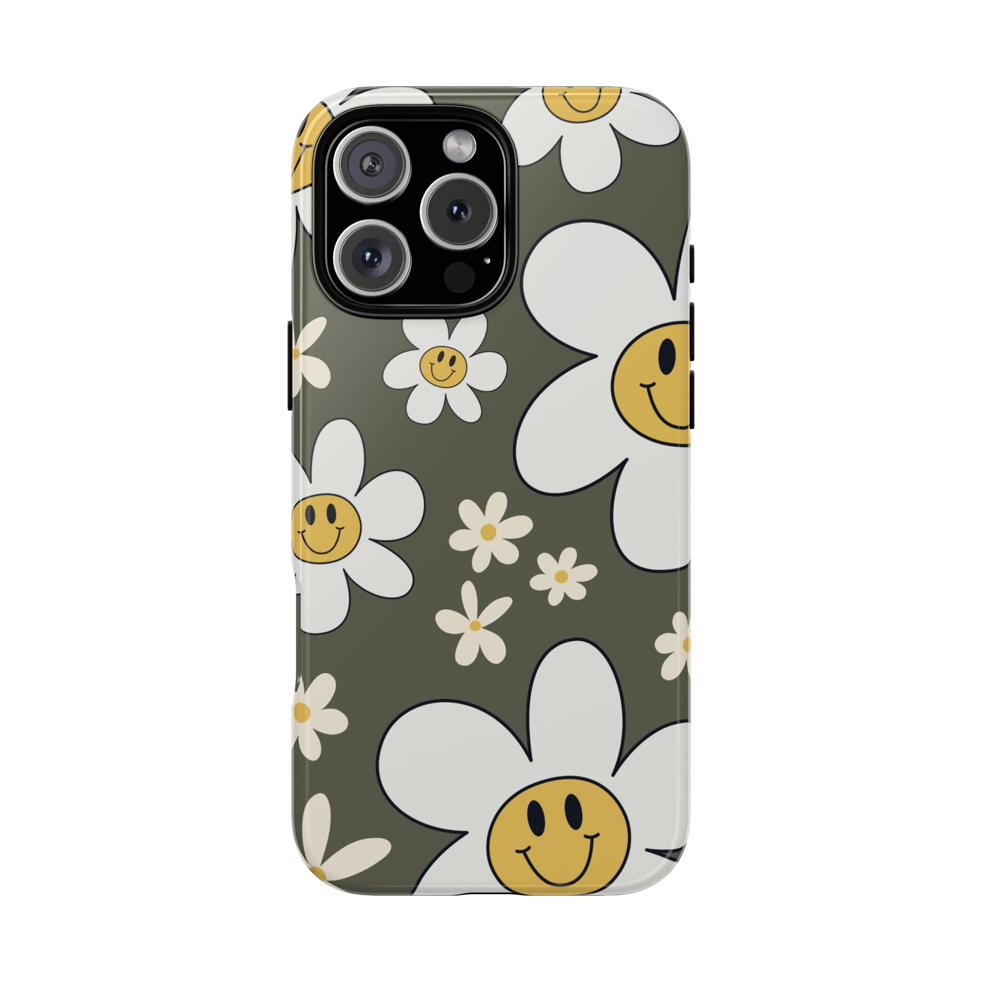 Fun Retro Daisy Pattern with Olive Green Background Phone Case - Green Phone Case - iPhone 16 Pro Max / Glossy