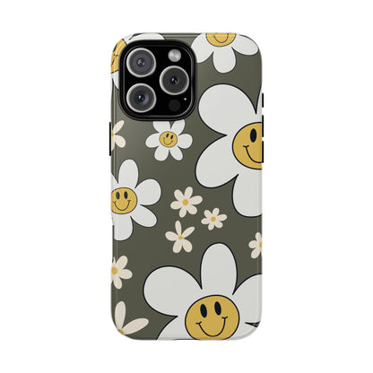 iPhone 16 Pro Max / Glossy Phone Case - Fun Retro Daisy Pattern with Olive Green Background Phone Case