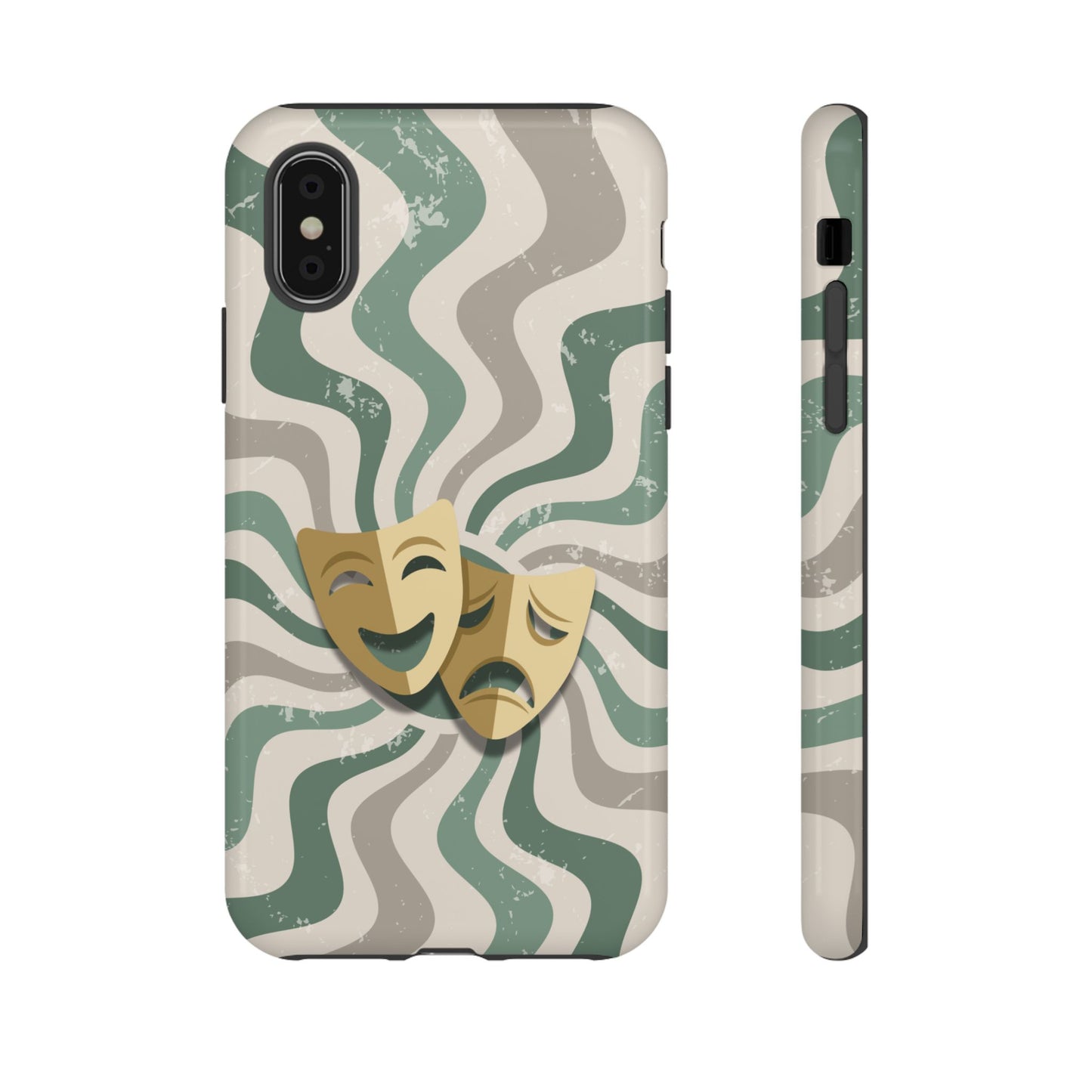 iPhone XS / Glossy Phone Case - Comedy & Tragedy Masks – Green Minimal Retro Wave Phone Case