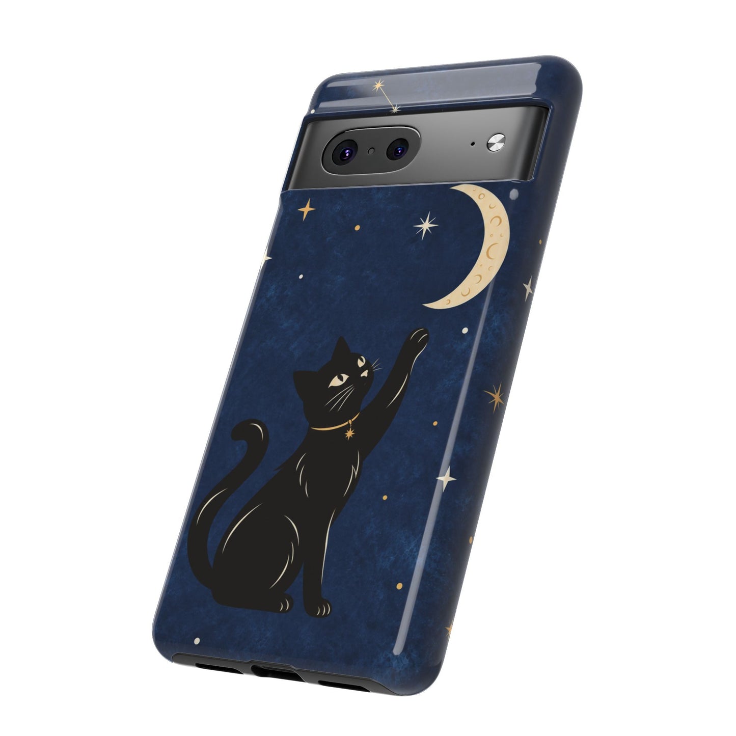 Whimsical Navy Blue Celestial Black Cat Phone Case