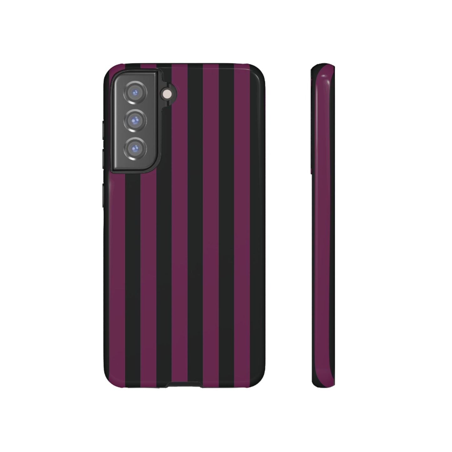 Samsung Galaxy S21 FE / Glossy Phone Case - Trendy Plum & Black Stripe Pattern Phone Case