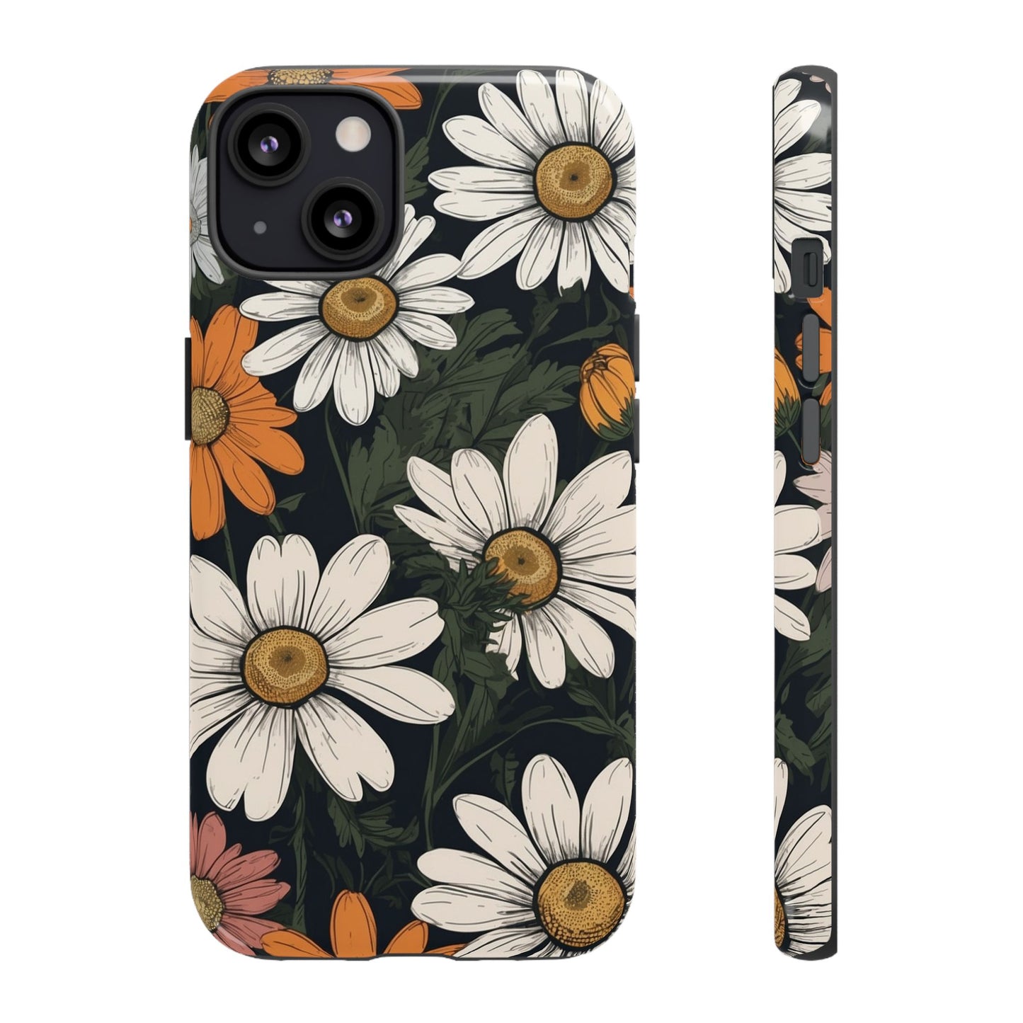 iPhone 13 / Glossy Phone Case - Boho Chic Daisies Floral Pattern ’White Orange & Pink’ Phone Case
