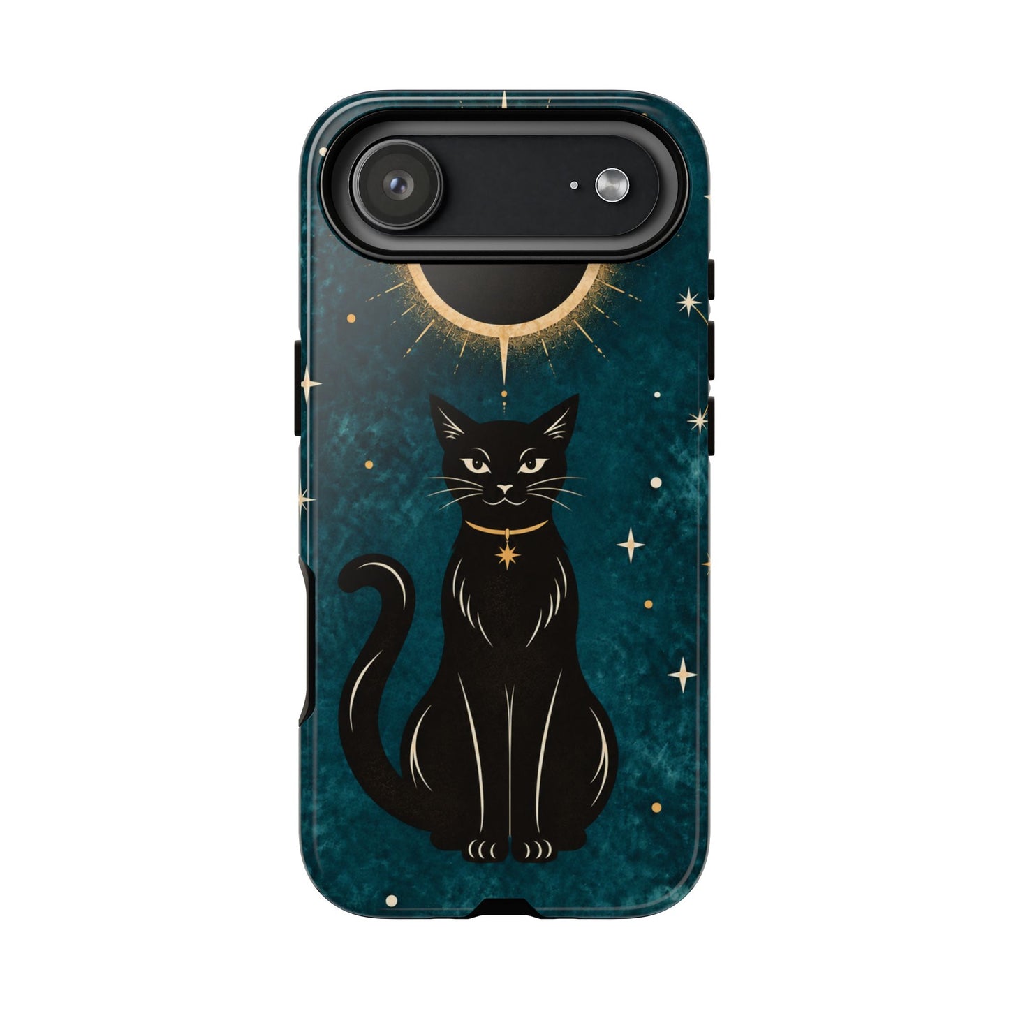 Whimsical Teal Celestial Black Cat Phone Case