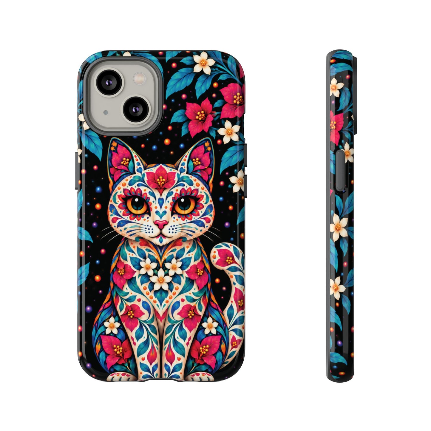 Vibrant Pink and Turquoise Calavera Cat Phone Case - Multicolor Phone Case - iPhone 14 / Glossy