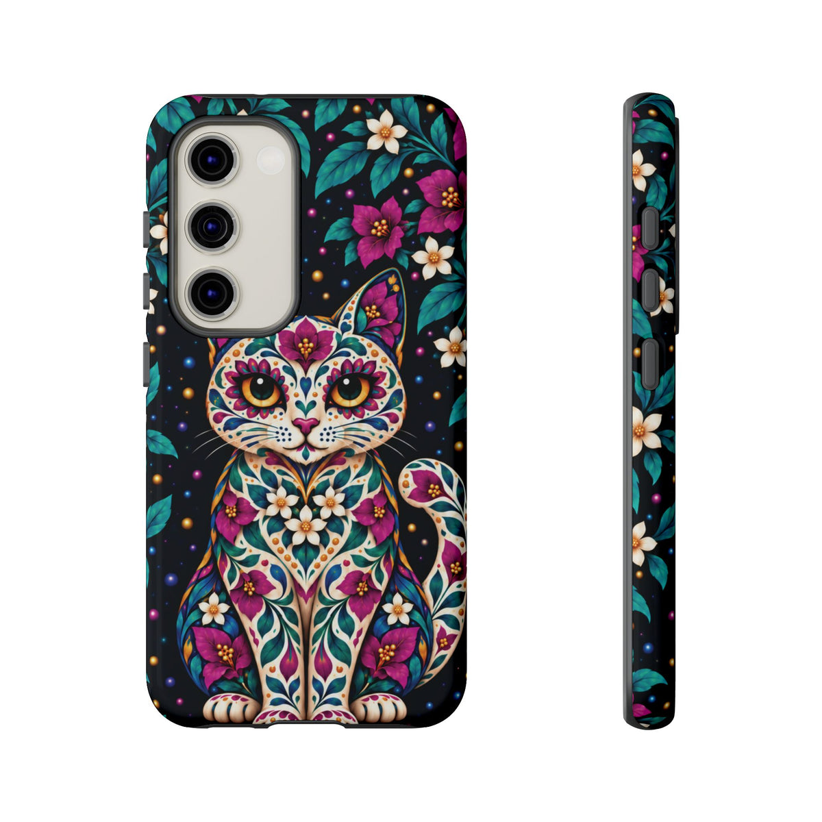 Vibrant Purple and Teal Calavera Cat Phone Case - Multicolor Phone Case - Samsung Galaxy S23 / Glossy