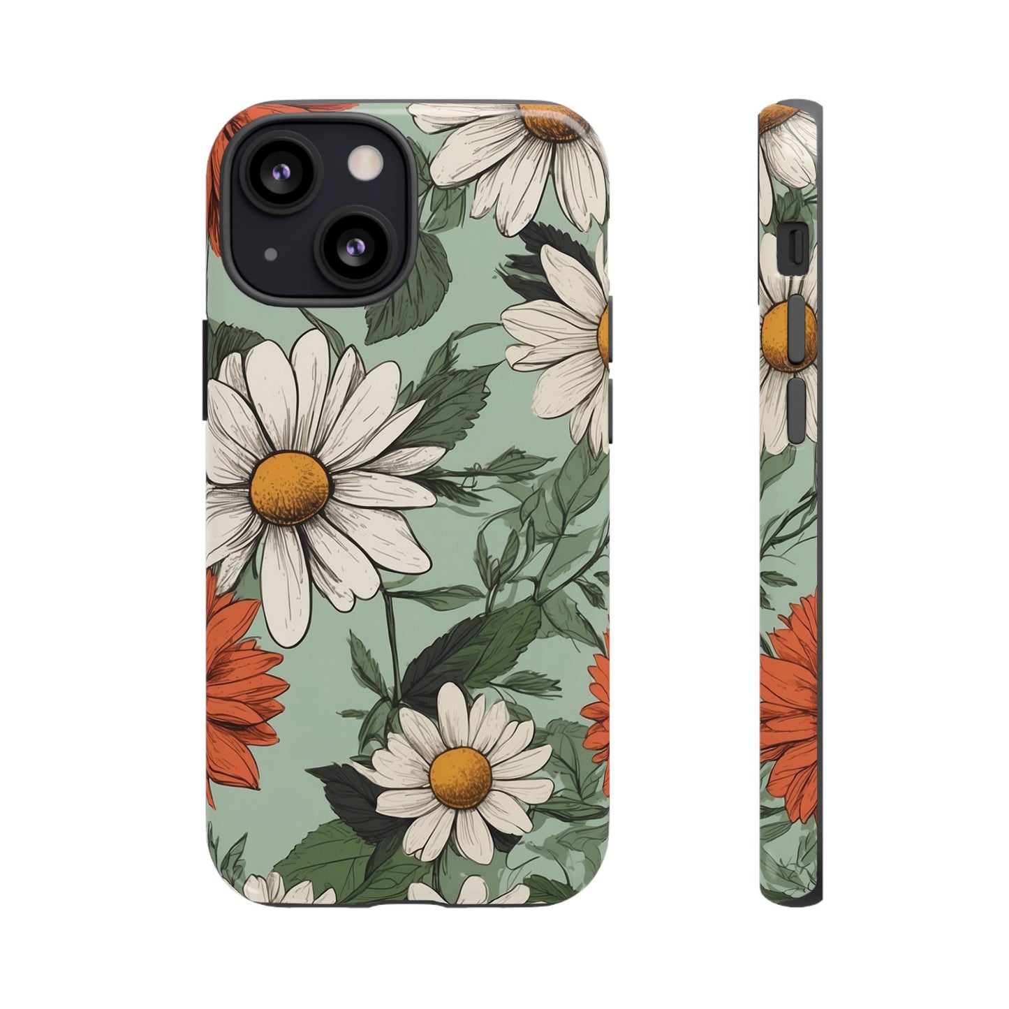 iPhone 13 Mini / Glossy Phone Case - Boho Chic Daisies Floral Pattern ’White & Orange’ Phone Case