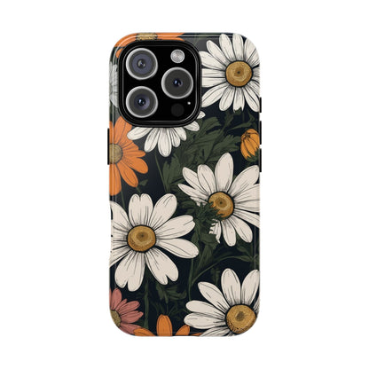 iPhone 16 Pro / Glossy Phone Case - Boho Chic Daisies Floral Pattern ’White Orange & Pink’ Phone Case