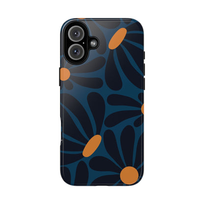 Dark Blue & Orange Daisy Pattern Phone Case - Blue Phone Case - iPhone 16 Plus / Glossy