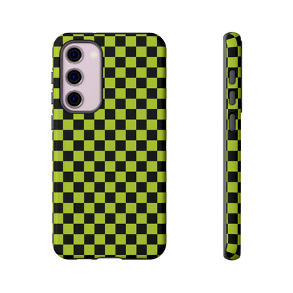 Samsung Galaxy S23 Plus / Glossy Phone Case - Trendy Neon Lime Green & Plum Small Checked Pattern Phone Case
