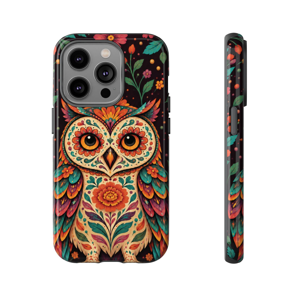 Vibrant Terracotta and Teal Calavera Owl Phone Case - Multicolor Phone Case - iPhone 14 Pro / Glossy