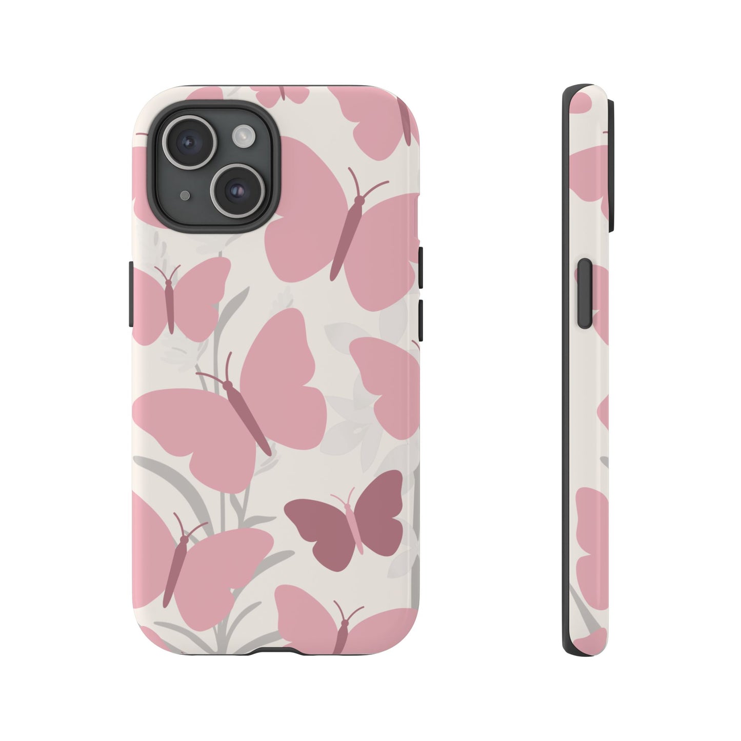 iPhone 15 / Glossy Phone Case - Minimalist Cream & Pink Butterfly Pattern Phone Case