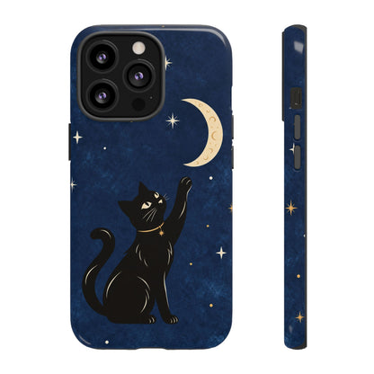 Whimsical Navy Blue Celestial Black Cat Phone Case