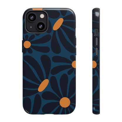 iPhone 13 / Glossy Phone Case - ’Dark Blue & Orange Daisy Pattern’ Phone Case