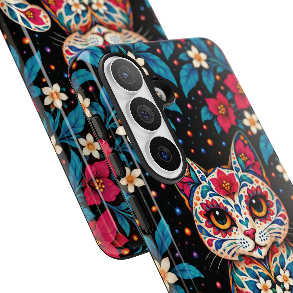 Vibrant Pink and Turquoise Calavera Cat Phone Case - Multicolor Phone Case