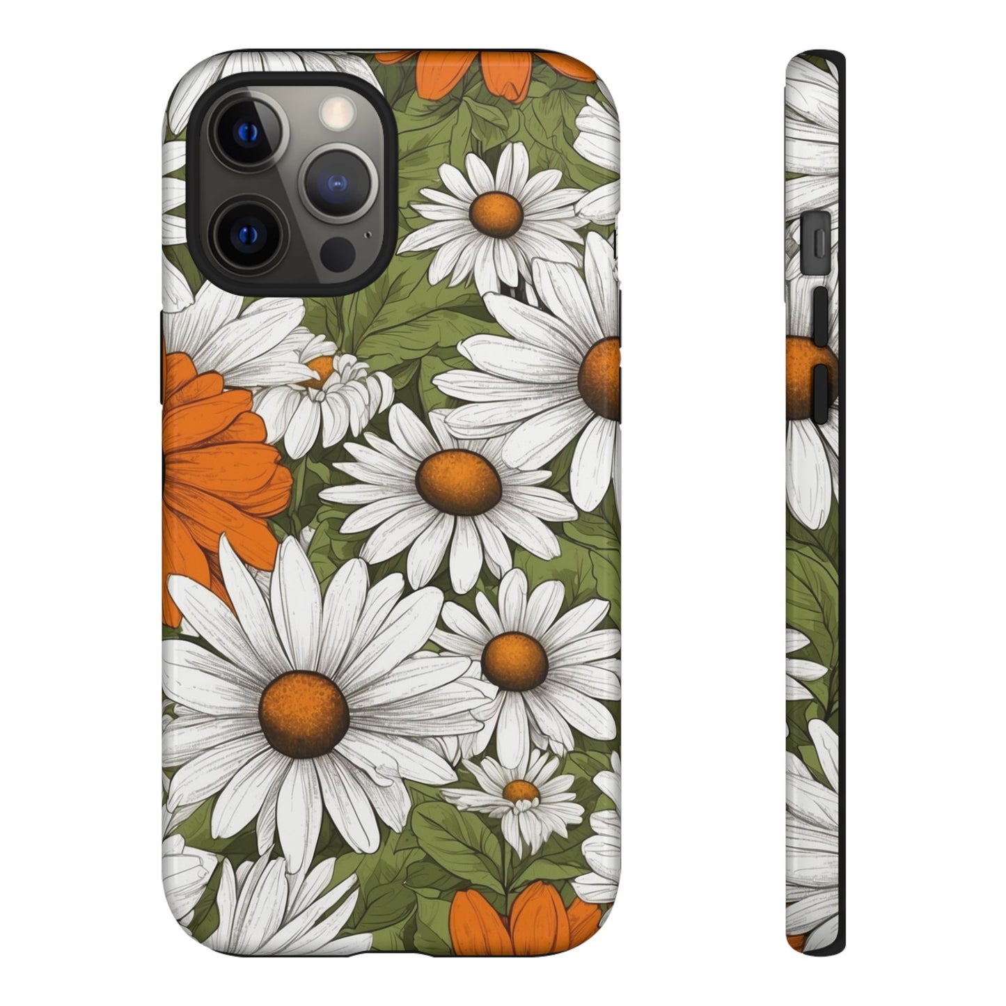 iPhone 12 Pro Max / Glossy Phone Case - Boho Chic Daisies Floral Pattern ’White Orange & Green’ Phone Case