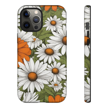 iPhone 12 Pro Max / Glossy Phone Case - Boho Chic Daisies Floral Pattern ’White Orange & Green’ Phone Case