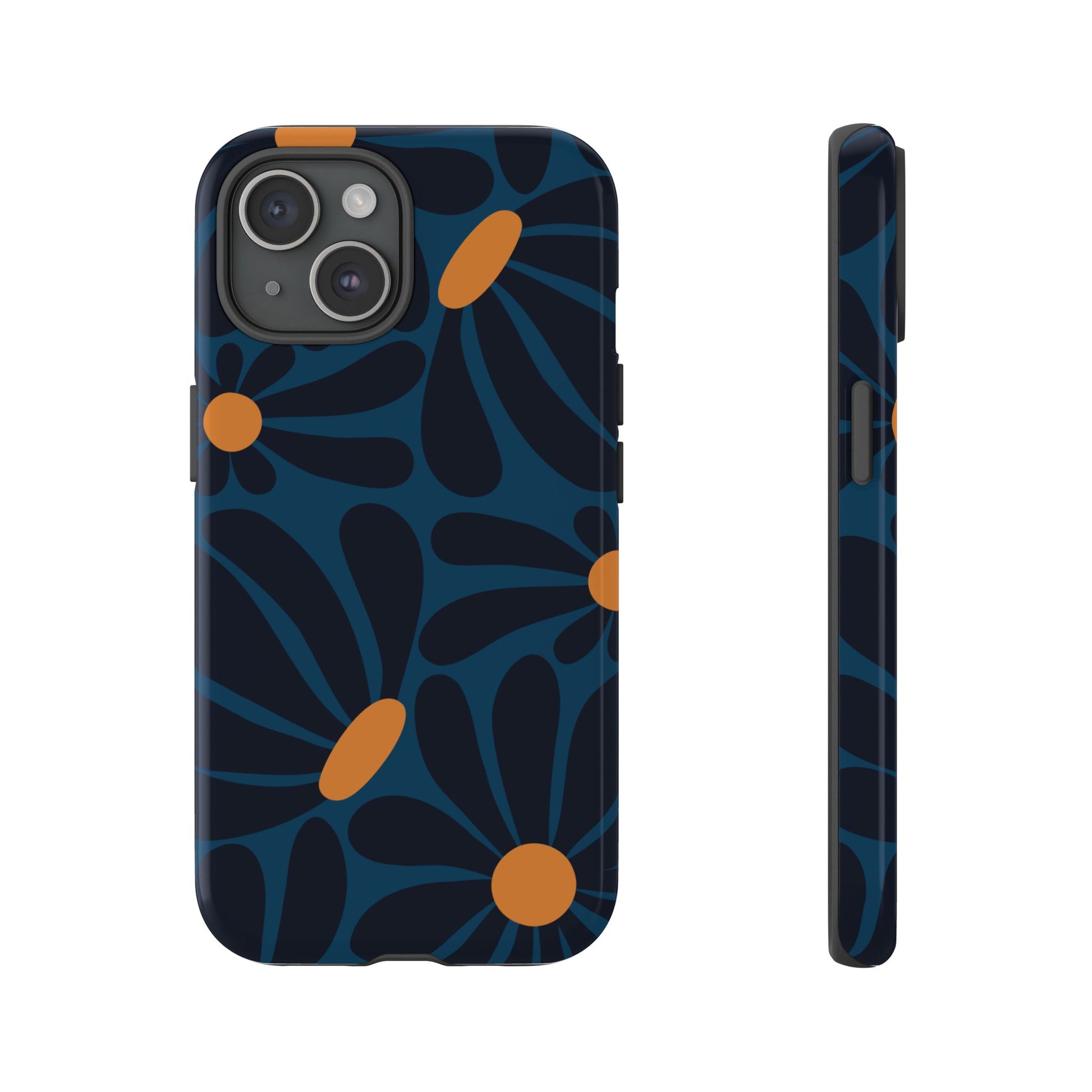 Dark Blue & Orange Daisy Pattern Phone Case - Blue Phone Case - iPhone 15 / Glossy