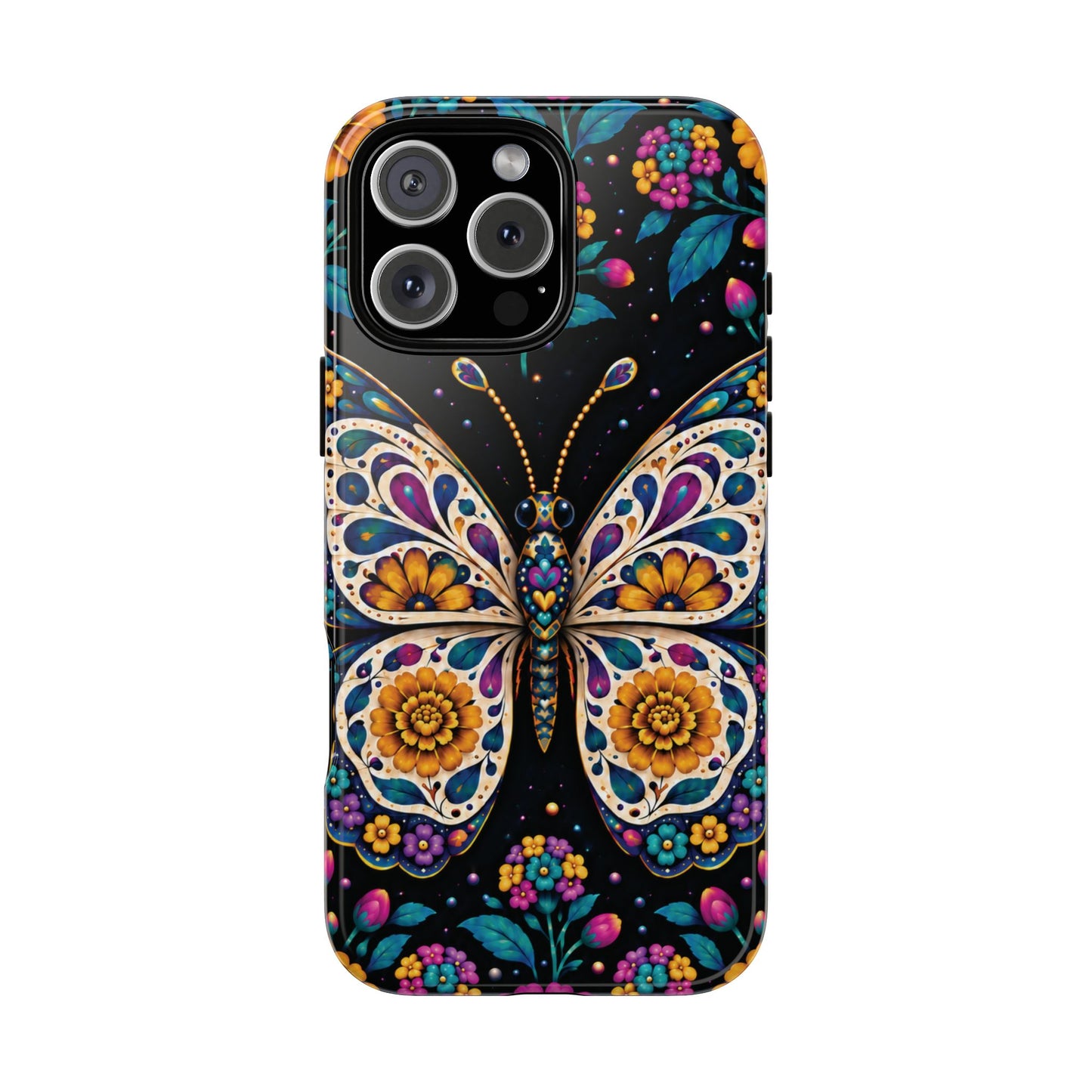 Vibrant Purple and Teal Calavera Butterfly Phone Case - Multicolor Phone Case - iPhone 16 Pro Max / Glossy