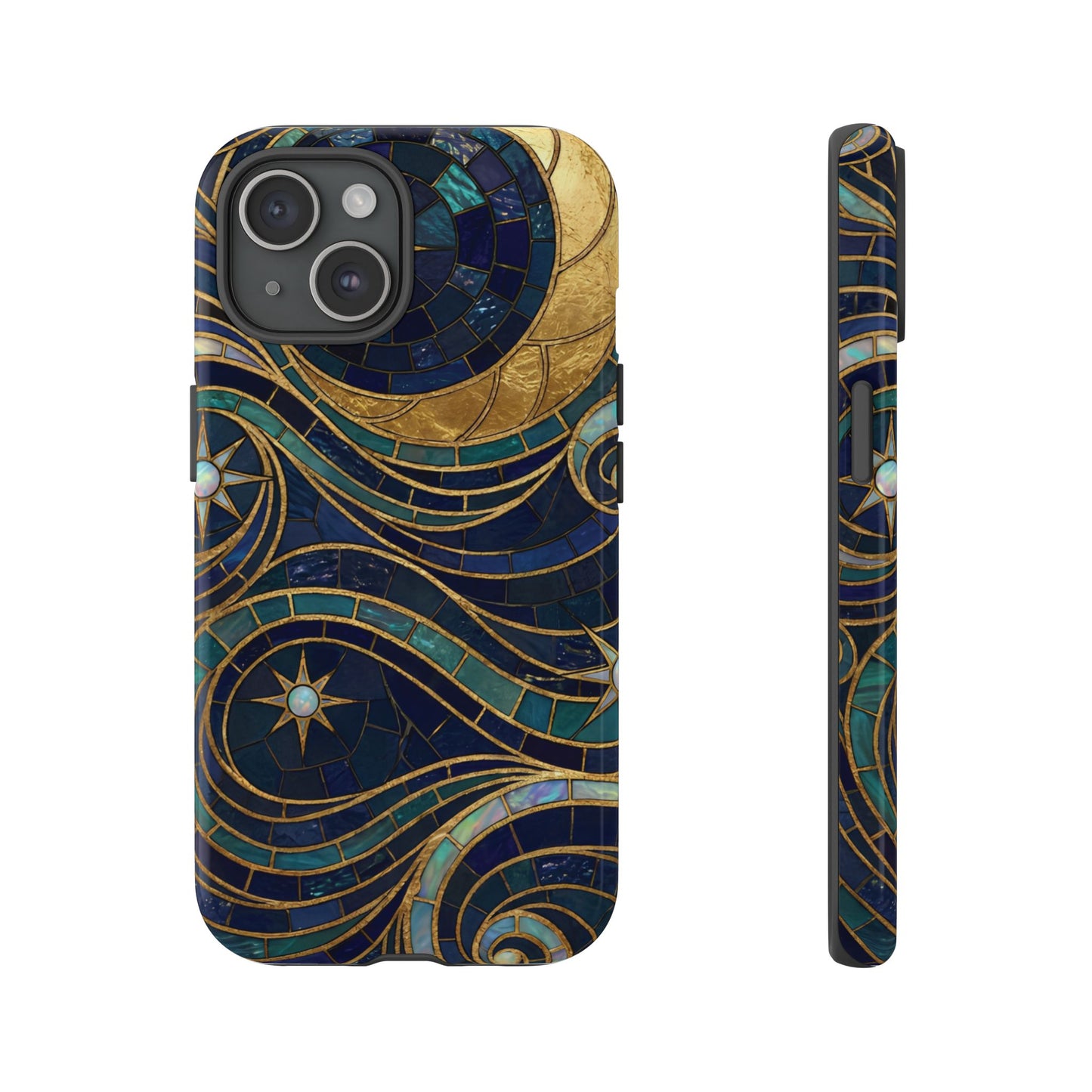 Elegant Navy & Gold Crescent Moon Mosaic Phone Case
