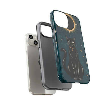 Whimsical Teal Celestial Black Cat Phone Case