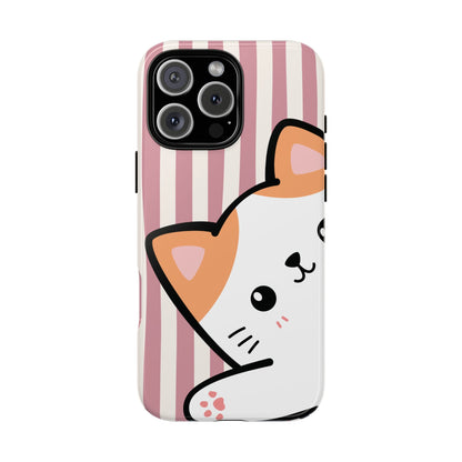 Playful Peakaboo Cat with Pink Stripe Pattern Phone Case - Pink Phone Case - iPhone 16 Pro Max / Glossy