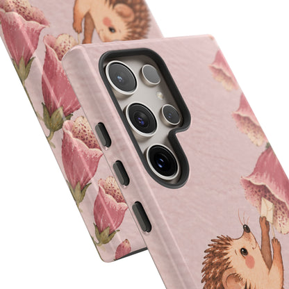 Whimsical Blush Pink Hedgehog and Foxglove Phone Case - Pink Phone Case