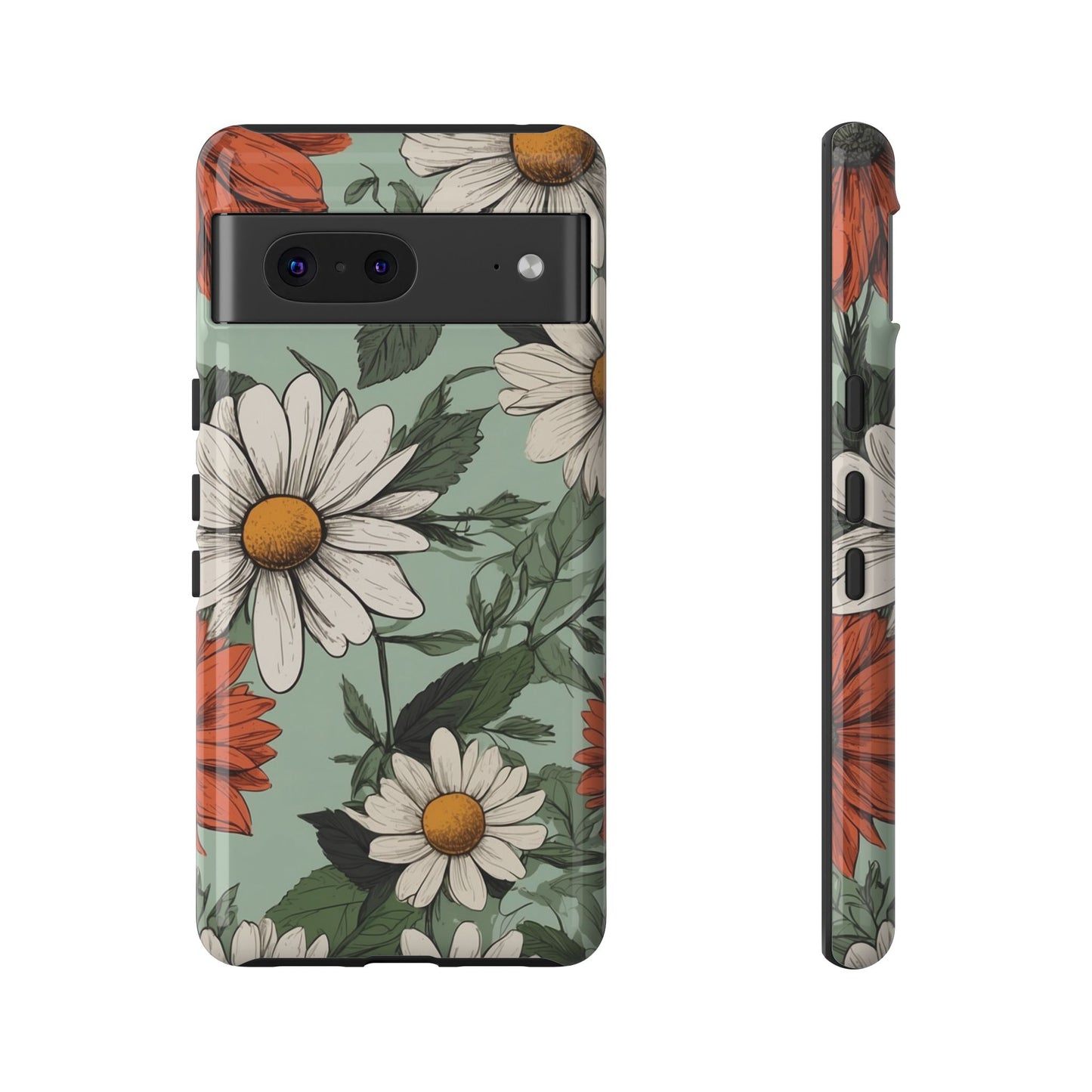 Google Pixel 7 / Glossy Phone Case - Boho Chic Daisies Floral Pattern ’White & Orange’ Phone Case