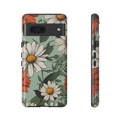 Google Pixel 7 / Glossy Phone Case - Boho Chic Daisies Floral Pattern ’White & Orange’ Phone Case