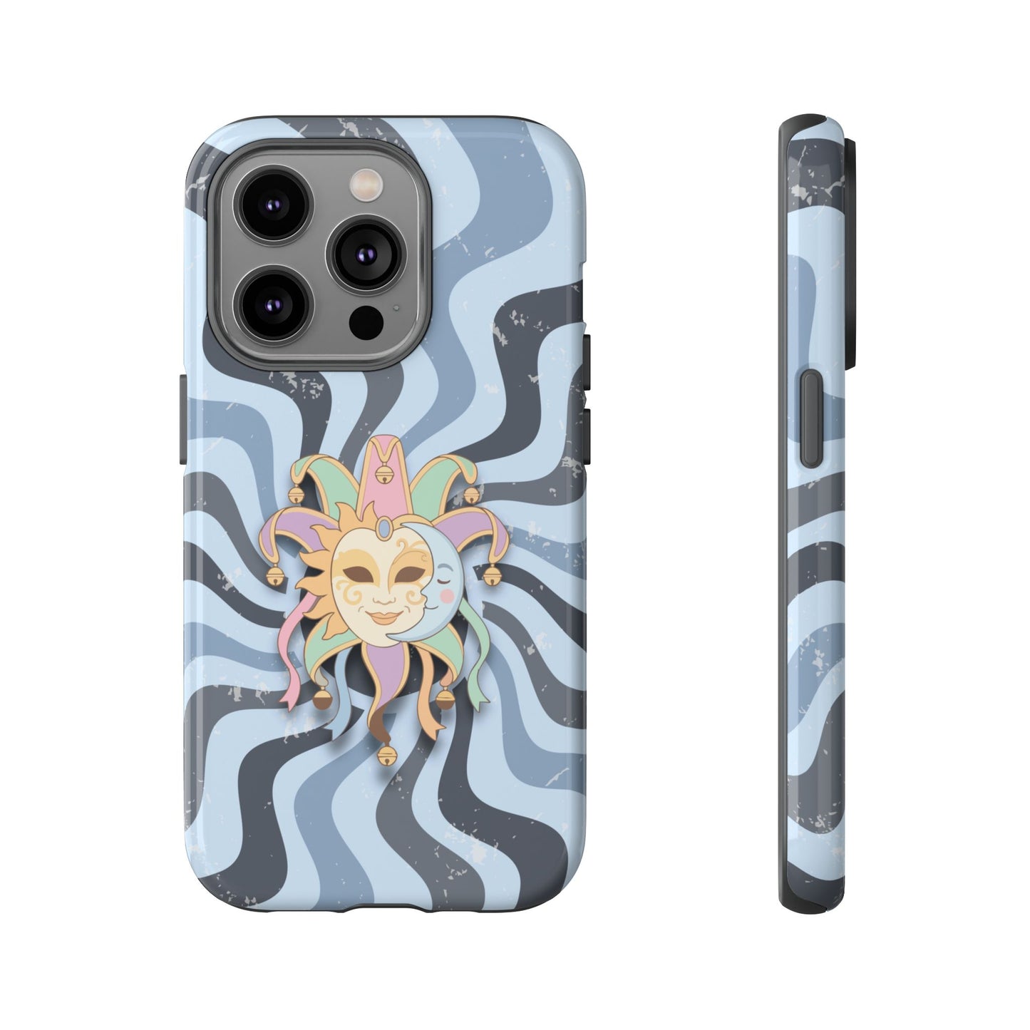 iPhone 14 Pro / Glossy Phone Case - Sun & Moon Jester Mask – Blue Retro Wave Phone Case