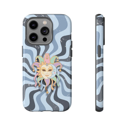 iPhone 14 Pro / Glossy Phone Case - Sun & Moon Jester Mask – Blue Retro Wave Phone Case